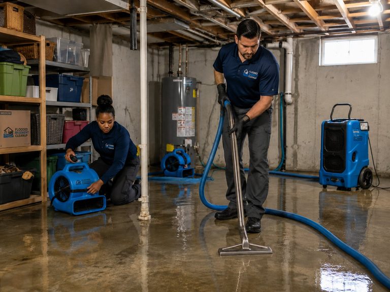 Technician extracting water from a flooded basement