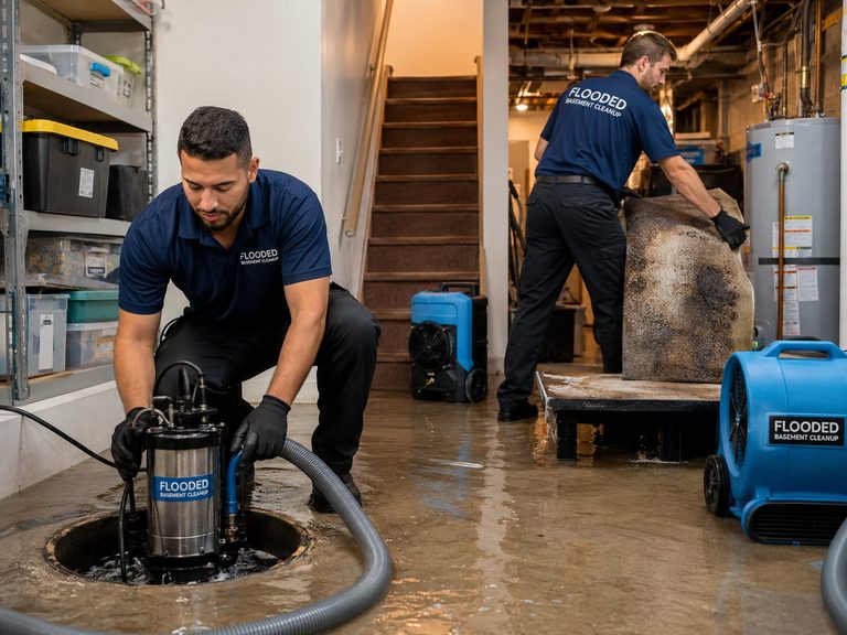 Crew drying a basement with air movers and a dehumidifier