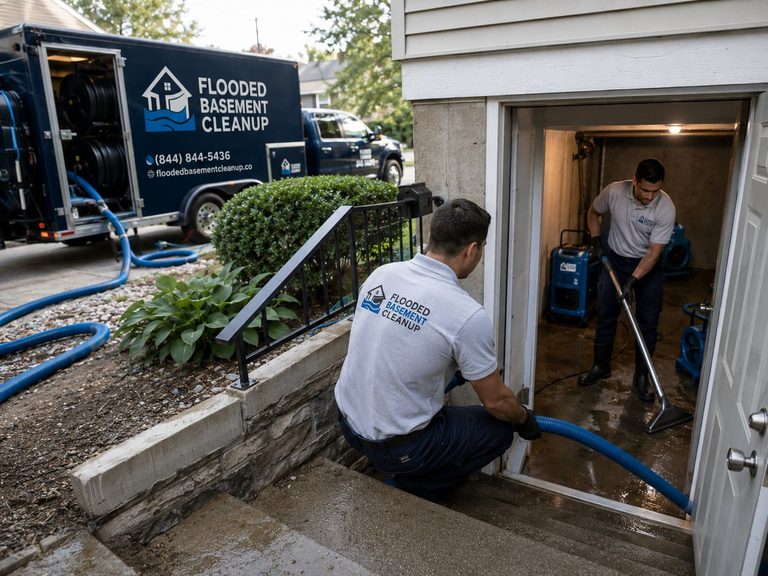 Crew removing water at a basement entrance